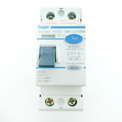 Hager CD284U 164355 100A 100 Amp 30mA RCD RCCB 2 Double Pole Circuit Breaker